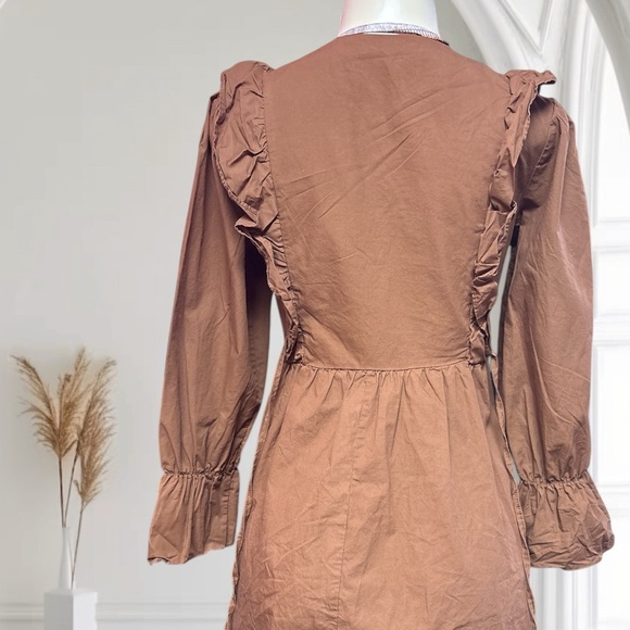 Brown Ruffled Wrap Sundress with Puff Sleeves - Picture 3 of 4